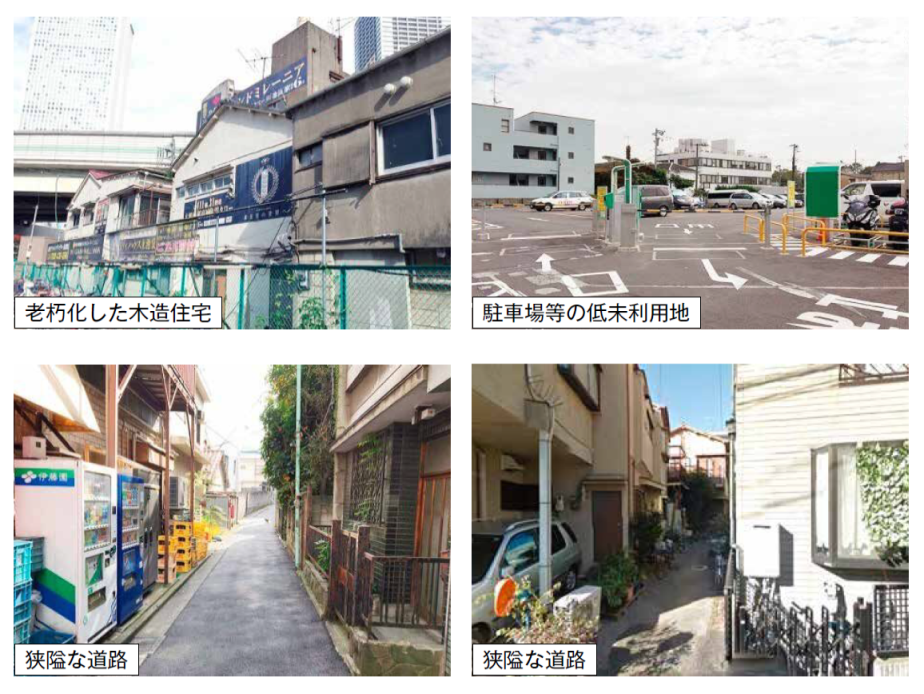 従来は低未利用地や狭隘な道路が残るなど、街の再整備が必要とされる従来の状況