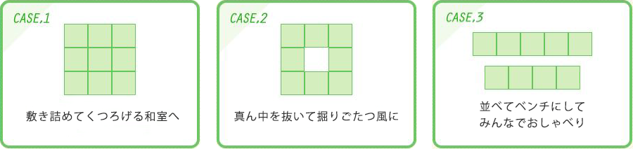 Case1敷き詰めてくつろげる和室へ、Case2真ん中を抜いて掘りごたつふうに、Case3並べてベンチにしてみんなでおしゃべり