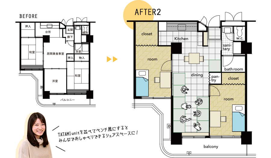 TATAMI unitを並べてベンチ風にするとみんなでおしゃべりできるシェアスペースにしたビフォアーアフターの図