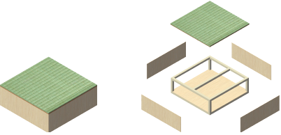 「畳ユニット」とは、高さ30cmの木で作られたボックスに畳を取り付けた収納付きのユニット家具の分解図