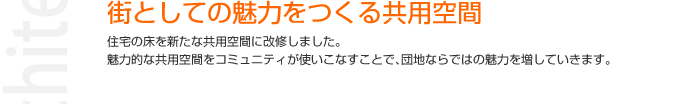 街としての魅力をつくる共用空間　住宅の床を新たな共用空間に改修しました。魅力的な共用空間をコミュニティが使いこなすことで、団地ならではの魅力を増していきます。