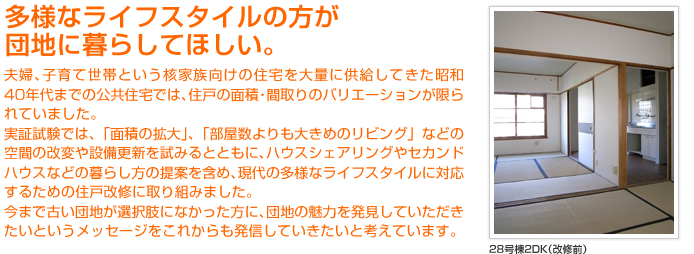 多様なライフスタイルの方が団地に暮らしてほしい。　夫婦、子育て世帯という核家族向けの住宅を大量に供給してきた昭和40年代までの公共住宅では、住戸の面積・間取りのバリエーションが限られていました。実証試験では、「面積の拡大」、「部屋数よりも大きめのリビング」などの空間の改変や設備更新を試みるとともに、ハウスシェアリングやセカンドハウスなどの暮らし方の提案を含め、現代の多様なライフスタイルに対応するための住戸改修に取り組みました。今まで古い団地が選択肢になかった方に、団地の魅力を発見していただきたいというメッセージをこれからも発信していきたいと考えています。　28号棟2DK（改修前）
