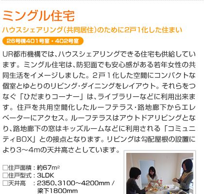 ングル住宅　ハウスシェアリング（共同居住）のために2戸1化した住まい　26号棟401号室・402号室　ＵＲ都市機構では､ハウスシェアリングできる住宅も供給しています。ミングル住宅は､防犯面でも安心感がある若年女性の共同生活をイメージしました｡２戸１化した空間にコンパクトな個室とゆとりのリビング・ダイニングをレイアウト｡それらをつなぐ「ひだまりコーナー」は､ライブラリーなどに利用出来ます。住戸を共用空間化したルーフテラス・路地廊下からエレベーターにアクセス｡ルーフテラスはアウトドアリビングとなり､路地廊下の窓はキッズルームなどに利用される「コミュニティBOX」との接点となります｡リビングは勾配屋根の設置により3～4mの天井高さとしています｡  □住戸面積: 約67m²　□住戸型式: 3LDK　□天井高: 2350､3100～4200mm / 梁下1800mm