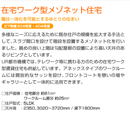 在宅ワーク型メゾネット住宅　職住一体化を可能とするゆとりの住まい　27号棟304号室・404号室　多様なニーズに応えるために既存住戸の規模を拡大する手法として､スラブ開口を設けて階段を設置するメゾネット化を行いました。眺めの良い上階は勾配屋根の設置により高い天井のあるリビングとしています。ＵＲ都市機構では､テレワーク等に携わる方のための在宅ワーク型賃貸住宅も供給しています。アネックスタイプのワークルームには開放的なサッシを設け､フロントコートを憩いの場やギャラリーとして一体的に活用できます。  □住戸面積: 住宅部分 約81m²　ワークルーム部分 約25m²　□住戸型式: 5LDK　□天井高: 2350､3020～3720mm / 梁下1800mm